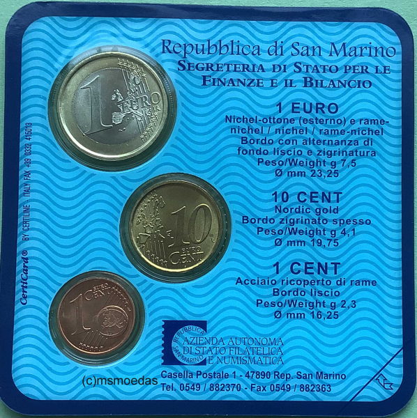 San Marino Minikit CoinCard mit 1 Cent + 10 Cent + 1 Euro 2004