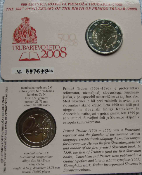 Slowenien 2 Euro CoinCard 2008 Trubar Gedenkmünze BU