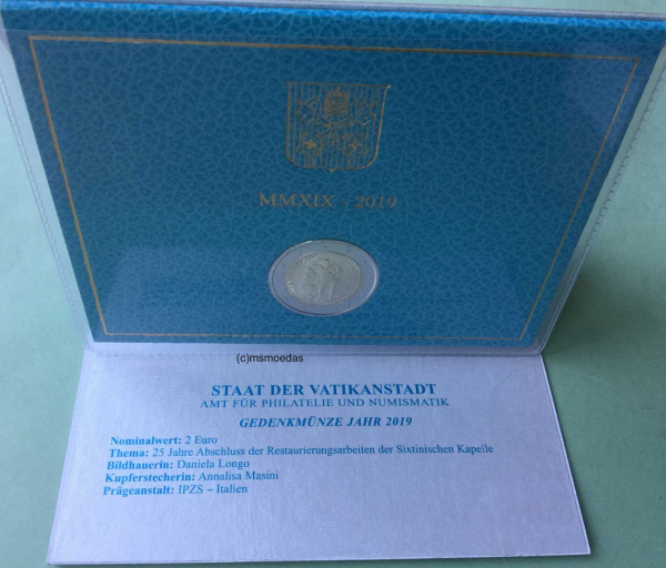 Vatikan 2 Euro Gedenkmünze 2019 Sixtinische Kapelle Blister