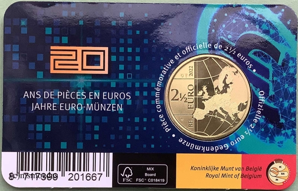 Belgien 2,50 Euro CoinCard 2022 Euro-Münzen 20 Jahre niederl. Ausgabe