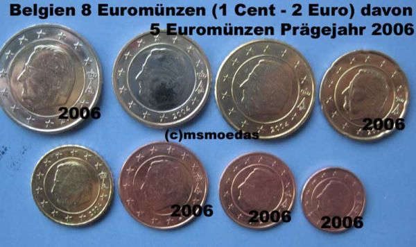 Belgien Euro KMS (1 Cent bis 2 Euro) davon 5 Münzen aus 2006