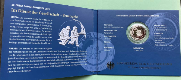 Deutschland 5x 10 Euro 2023 Feuerwehr Sondermünzen Komplettsatz ADFGJ Proof