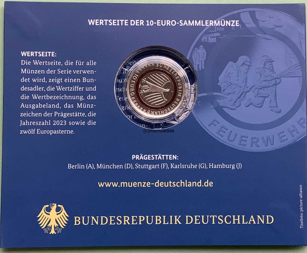Deutschland 5x 10 Euro 2023 Feuerwehr Sondermünzen Komplettsatz ADFGJ Proof