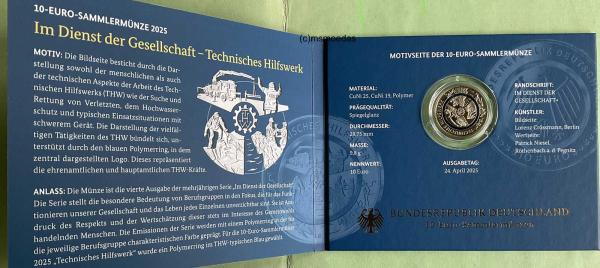 Deutschland 10 Euro 2025 Technisches Hilfswerk THW Sondermünzen A (Berlin) Spiegelglanz