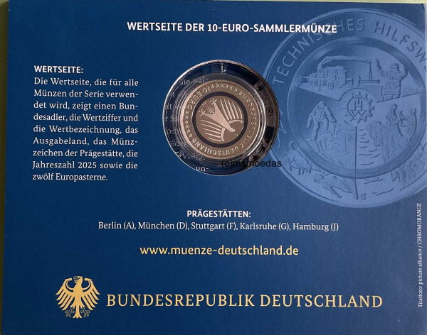 Deutschland 5x 10 Euro 2025 Techniches Hilfswerk THW Sondermünzen Komplettsatz ADFGJ Proof