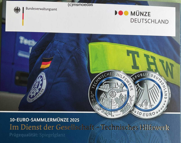 Deutschland 5x 10 Euro 2025 Techniches Hilfswerk THW Sondermünzen Komplettsatz ADFGJ Proof