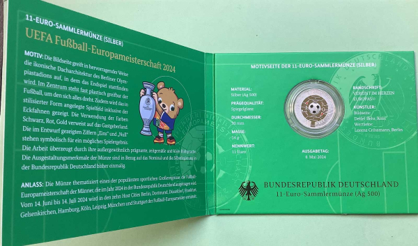 Deutschland 11 Euro 2024 Fußball-Europameisterschaft Silber-Sondermünzen