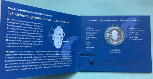 Deutschland 20 Euro Silber Sondermünze 2022 Annette von Droste-Hülshoff PP