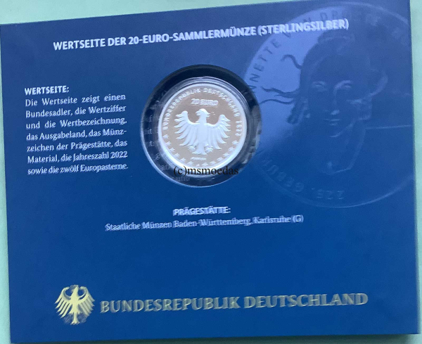 Deutschland 20 Euro Silber Sondermünze 2022 Annette von Droste-Hülshoff PP