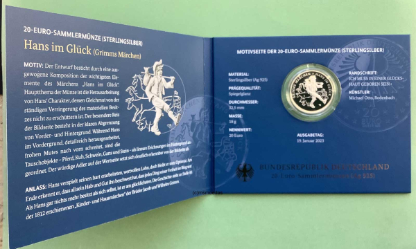 Deutschland 20 Euro Silber Sondermünze 2023 Grimms Märchen Hans im Glück PP