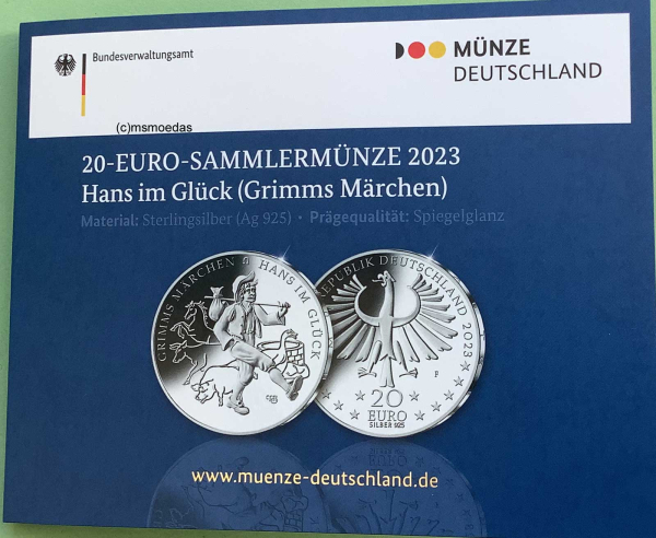 Deutschland 20 Euro Silber Sondermünze 2023 Grimms Märchen Hans im Glück PP
