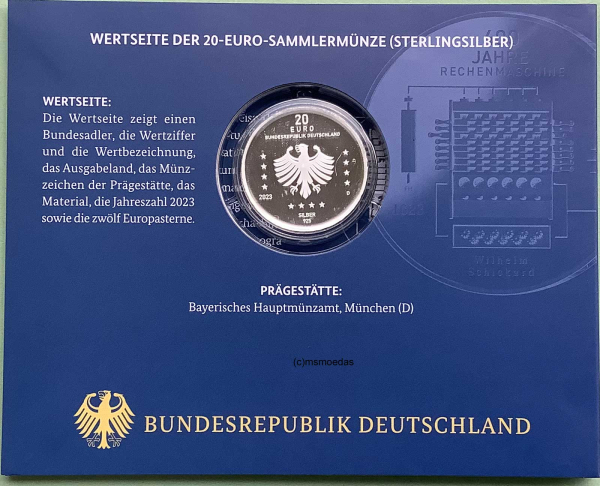 Deutschland 20 Euro Silber Sondermünze 2023 Rechenmaschine PP