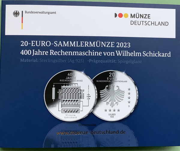 Deutschland 20 Euro Silber Sondermünze 2023 Rechenmaschine PP