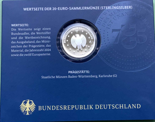 Deutschland 20 Euro Silber Sondermünze 2024 Grundgesetz PP