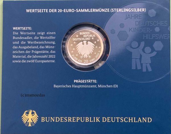 Deutschland 20 Euro Silber Sondermünze 2022 Kinderhilfswerk PP
