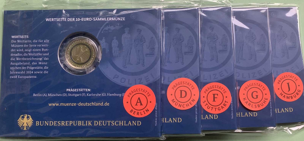Deutschland 5x 10 Euro 2024 Polizei Sondermünzen Komplettsatz ADFGJ Proof