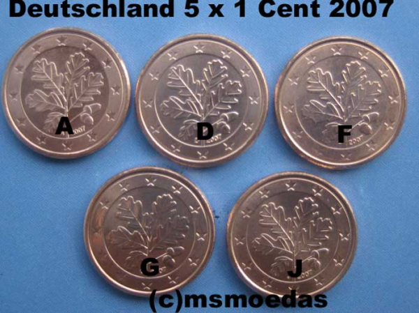 Deutschland 5 x 1 Euro-Cent 2007 (A,D,F,G,J)