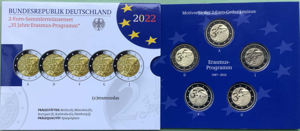 Deutschland Off. Blister 2022 Erasmus-Programm 2-Euro-Gedenkmünzenset (A,D,F,G,J) Spiegelglanz