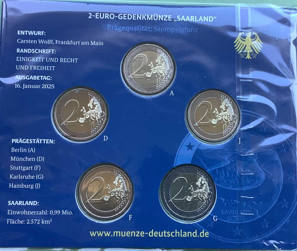 Deutschland 2 Euro Blister Gedenkmünzen 2025 Saarland Saarschleife (A,D,F,G,J) Stempelglanz