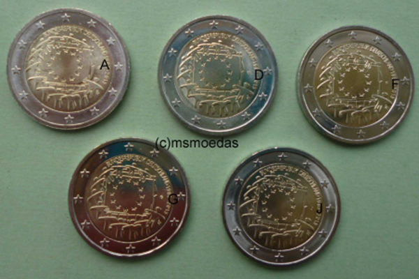 Deutschland 5 x 2 Euro Gedenkmünzen 2015 Europaflagge (A,D,F,G,J) Münzkarte