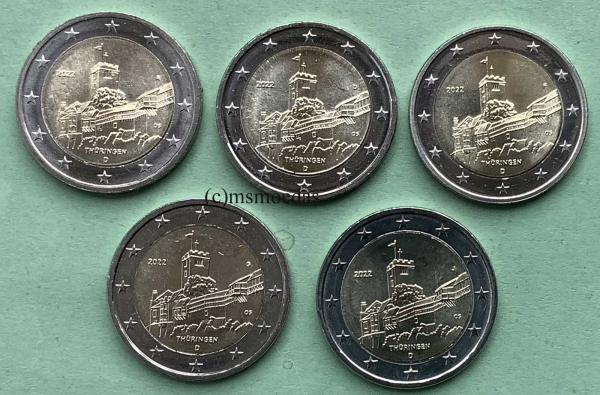 Deutschland 5 x 2 Euro Gedenkmünzen 2022 Thüringen Wartburg (A,D,F,G,J) Münzkarte