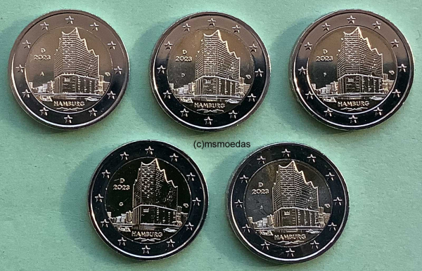 Deutschland 5 x 2 Euro Gedenkmünzen 2023 Hamburg Elbphilharmonie (A,D,F,G,J) Münzkarte