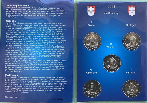 Deutschland 5 x 2 Euro Gedenkmünzen 2023 Hamburg Elbphilharmonie (A,D,F,G,J) Münzkarte