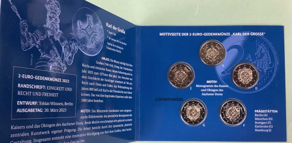 Deutschland Off. Blister 2023 Karl der Große 2-Euro-Gedenkmünzenset (A,D,F,G,J) Spiegelglanz