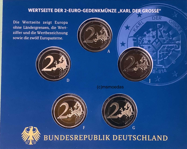 Deutschland Off. Blister 2023 Karl der Große 2-Euro-Gedenkmünzenset (A,D,F,G,J) Spiegelglanz