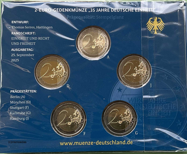 Deutschland 2 Euro Blister Gedenkmünzen 2025 Deutsche Einheit (A,D,F,G,J) Stempelglanz