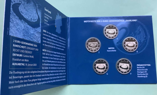 Deutschland Off. Blister 2025 Saarland Saarschleife 2-Euro-Gedenkmünzenset (A,D,F,G,J) Spiegelglanz