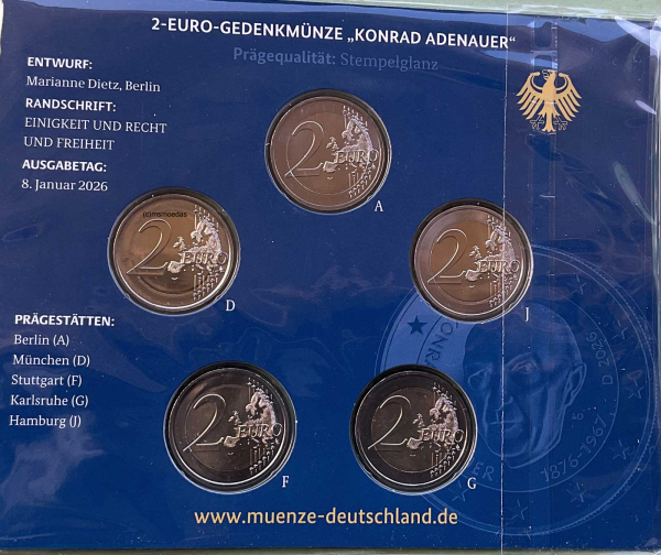Deutschland 2 Euro Blister Gedenkmünzen 2026 Konrad Adenauer (A,D,F,G,J) Stempelglanz
