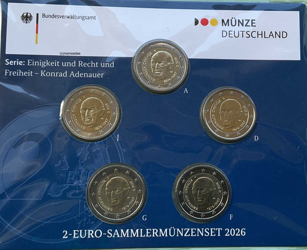 Deutschland 2 Euro Blister Gedenkmünzen 2026 Konrad Adenauer (A,D,F,G,J) Stempelglanz
