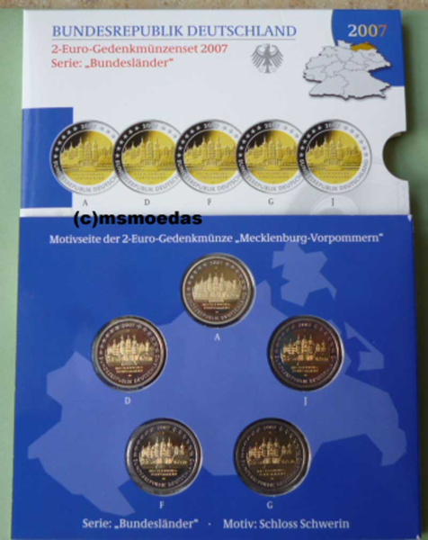 Deutschland 2 Euro Blister Gedenkmünzen 2007 Schweriner Schloss (A,D,F,G,J) Spiegelglanz