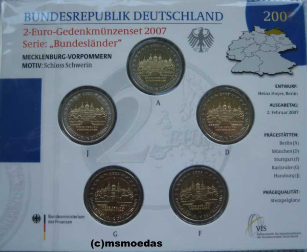 Deutschland 2 Euro Blister Gedenkmünzen 2007 Schweriner Schloss (A,D,F,G,J) Stempelglanz
