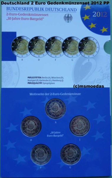 Deutschland 2 Euro Blister 2012 Euro-Bargeld (A,D,F,G,J) Spiegelglanz