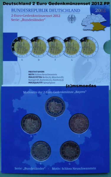 Deutschland 2 Euro Blister Gedenkmünzen 2012 Bayern (A,D,F,G,J) Spiegelglanz