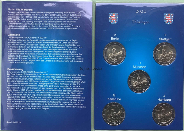 Deutschland 5 x 2 Euro Gedenkmünzen 2022 Thüringen Wartburg (A,D,F,G,J) Münzkarte