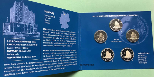 Deutschland Off. Blister 2023 Hamburg Elbphilharmonie 2-Euro-Gedenkmünzenset (A,D,F,G,J) Spiegelglanz