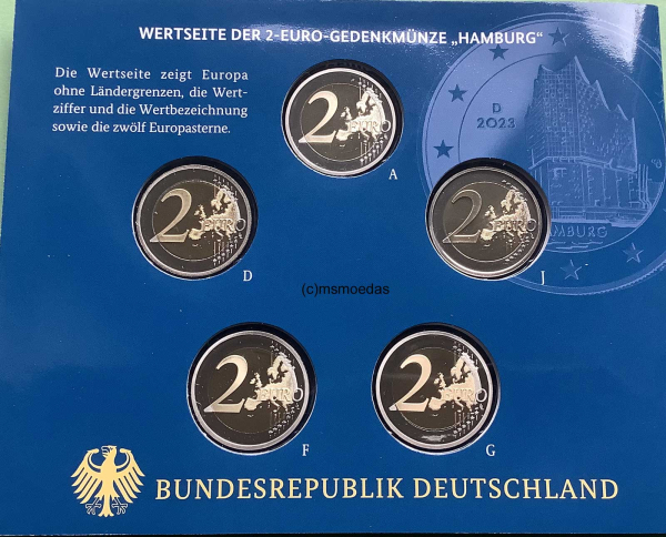 Deutschland Off. Blister 2023 Hamburg Elbphilharmonie 2-Euro-Gedenkmünzenset (A,D,F,G,J) Spiegelglanz