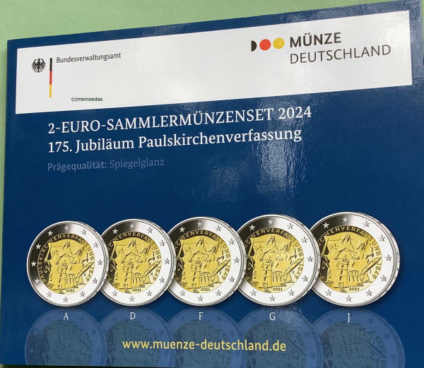 Deutschland Off. Blister 2024 Paulskirchenverfassung 2-Euro-Gedenkmünzenset (A,D,F,G,J) Spiegelglanz