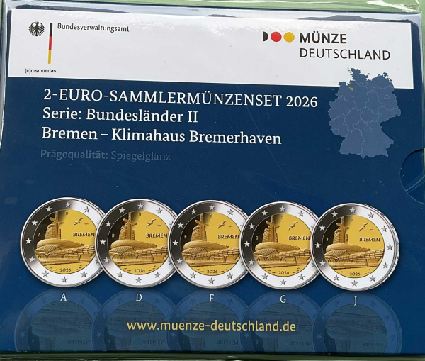 Deutschland Off. Blister 2026 Bremen Bremerhaven 2-Euro-Gedenkmünzenset (A,D,F,G,J) Spiegelglanz