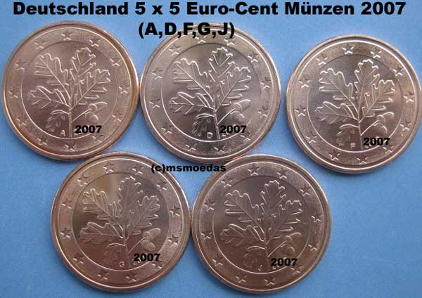 Deutschland 5 x 5 Euro-Cent 2007 (A,D,F,G,J)