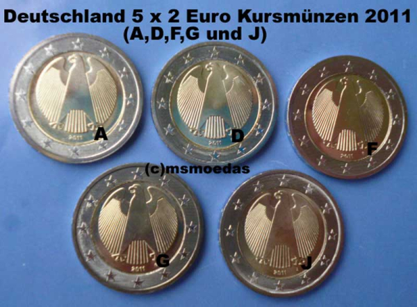 Deutschland 5 x 2 Euro Kursmünzen 2011 (A,D,F,G,J)