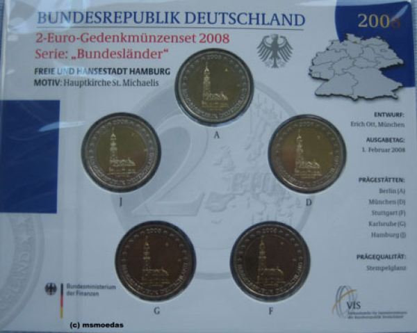 Deutschland 2 Euro Blister 2008 Michel (A,D,F,G,J) Stempelglanz