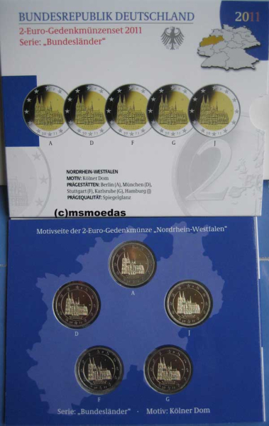 Deutschland 2 Euro Blister Gedenkmünzen 2011 Nordrhein-Westfalen (A,D,F,G,J) Spiegelglanz