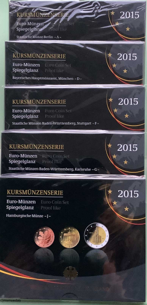 Deutschland Offizieller Kursmünzensatz 2015 A+D+F+G+J (1 Cent - 1 Euro) Spiegeglanz + 2 Euro Gedenkmünze Hessen + 2 Euro Gedenkmünze Einheit