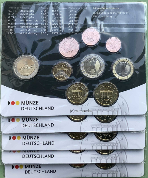 Deutschland Offizieller Kursmünzensatz 2022 A+D+F+G+J (1 Cent bis 2 Euro + 2 Euro Gedenkmünzen) BU