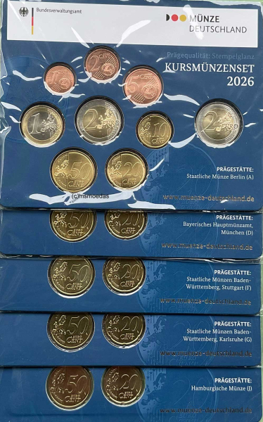 Deutschland Offizieller Kursmünzensatz 2026 A+D+F+G+J (1 Cent bis 2 Euro + 2 Euro Gedenkmünzen) BU