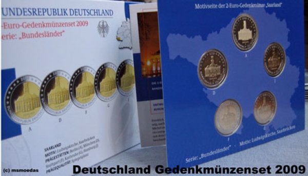Deutschland 2 Euro Blister 2009 Saarland (A,D,F,G,J) Spiegelglanz